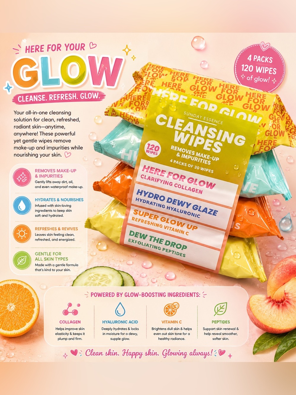 Sunday Essence Cleansing Wipes - Mixed Citrus & Dewy Glow (120 ct)